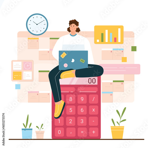 Financial analysis by business accountant in office vector illustration. Cartoon tiny male analyst sitting on calculator with laptop to work with digital data charts and documents, finance audit