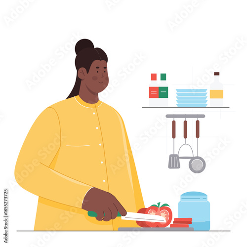 Chef chopping fresh tomato with knife on wooden board vector illustration. Cartoon person cooking healthy vegetable at kitchen table, dish preparation for vegetarian vitamin dinner of character