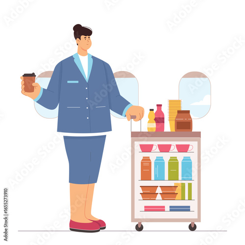 Flight attendant serving drinks to passengers of plane vector illustration. Cartoon stewardess character in uniform pushing trolley cart in aisle, hostess of airplane cabin holding coffee cup