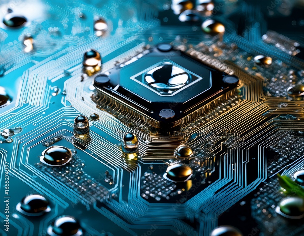 Fototapeta premium close up of a circuit board with water droplets showcasing intricate electronic components and modern technology