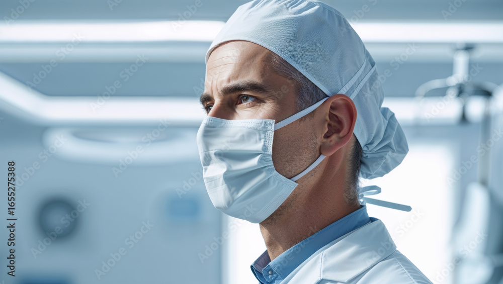 Naklejka premium Focused surgeon in a surgical mask and cap, ready for a procedure in a modern operating room.