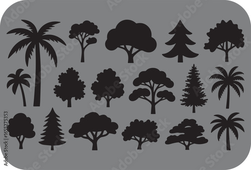 Collection of diverse tree silhouettes including palm trees deciduous trees and evergreen conifers against a neutral gray background for graphic design and illustration purposes