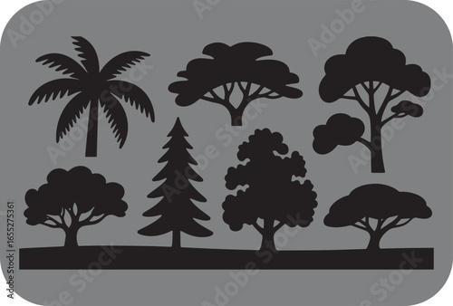 Collection of diverse tree silhouettes including palm evergreen and deciduous varieties set against a simple gray background with rounded corners perfect for design elements