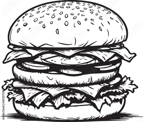Burger Extravaganza: An artistic, black and white rendering of a towering burger, overflowing with layered components and delectable fillings, a feast for the eyes, perfect for culinary enthusiasts.