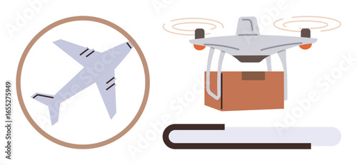 Airplane circling in a brown loop, drone carrying a package in midair, and a horizontal progress bar indicate seamless logistics. Ideal for shipping, e-commerce, technology, innovation, speed