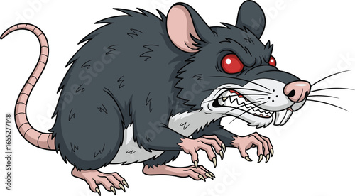 Aggressive cartoon rat, red eyes, sharp teeth, dark fur, pink tail, vector illustration, monster rodent, creepy animal character