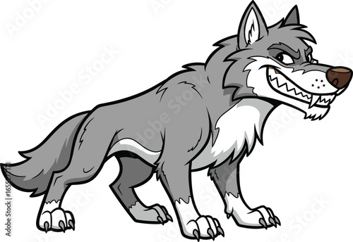 Cartoon aggressive wolf, sharp teeth, grey fur, white patches, bushy tail, vector illustration, predator stance, fierce animal character