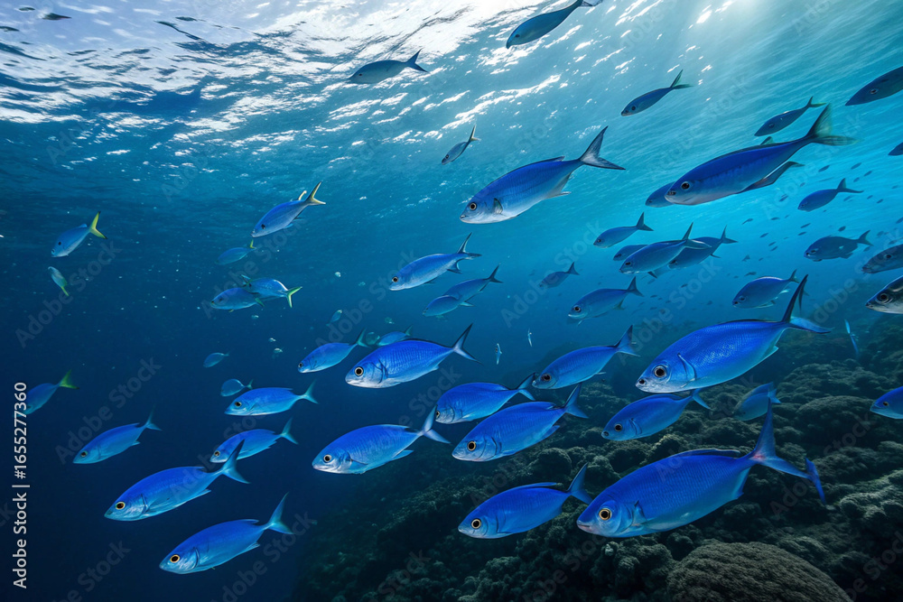 Fototapeta premium Many blue fish swim in the blue sea. EPA, DHA. High-quality oil. Health. Supplements.