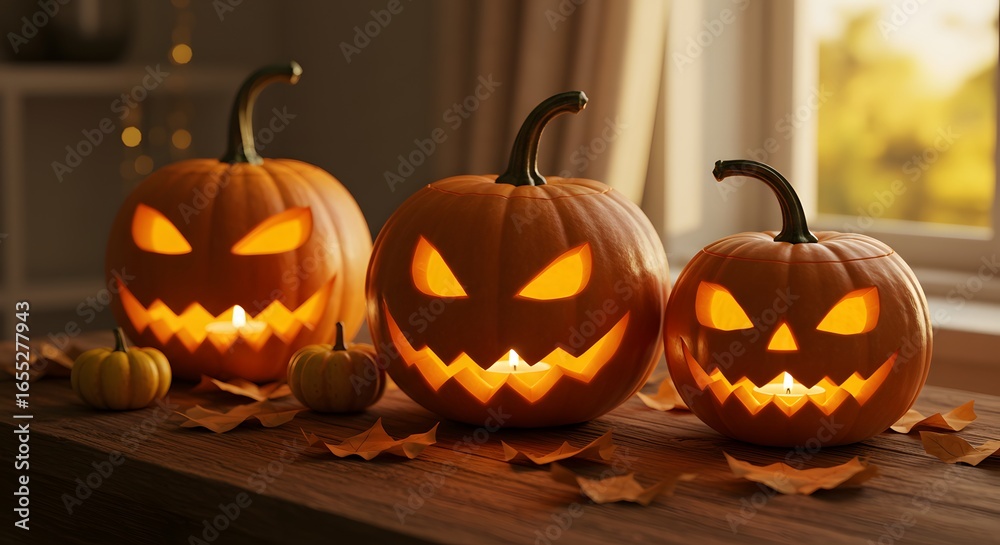 Fototapeta premium Halloween JackoLanterns Glow on Rustic Wooden Table.