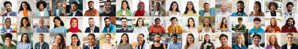 Fototapeta premium A collection of diverse individuals shows a range of happy expressions. Each person represents different backgrounds, cultures, and lifestyles, captured together in a bright and cheerful setting.