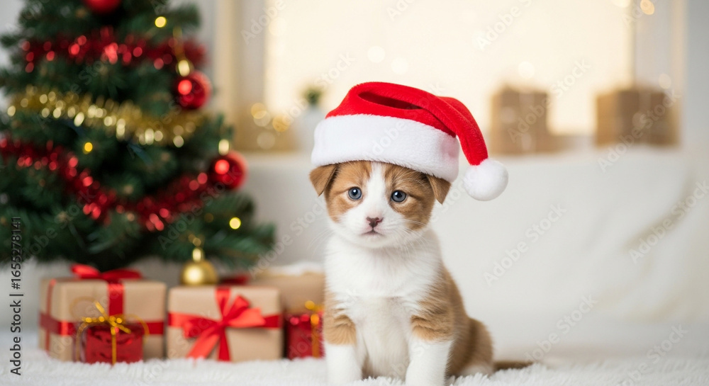 Fototapeta premium An adorable puppy wearing a Santa hat sits in front of a decorated Christmas tree with wrapped gifts, creating a festive and heartwarming holiday scene with a soft, cozy background.