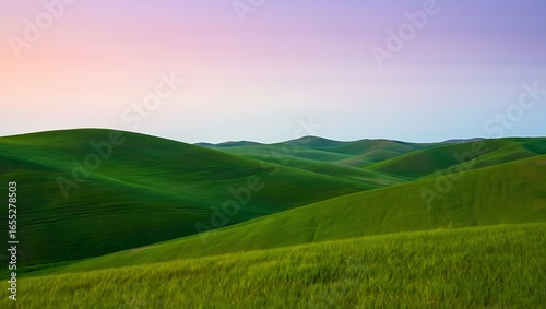 Rolling Green Hills Under a Pastel Sky at Sunrise