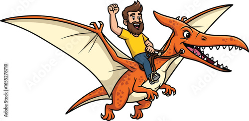 Cartoon person riding pterodactyl, flying dinosaur character, fantasy adventure pose, orange wings, vector illustration, prehistoric action design