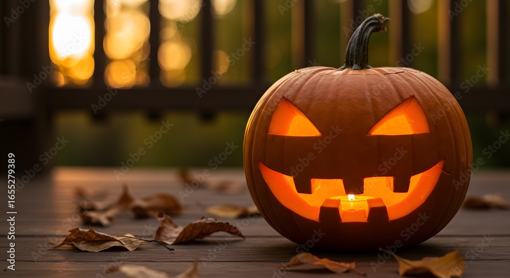 Fototapeta premium Glowing JackoLantern with Candlelight on Wooden Deck Autumnal Scene.