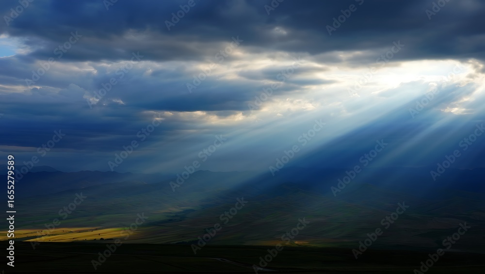 Fototapeta premium Sunlight breaking through dramatic storm clouds illuminating landscape below