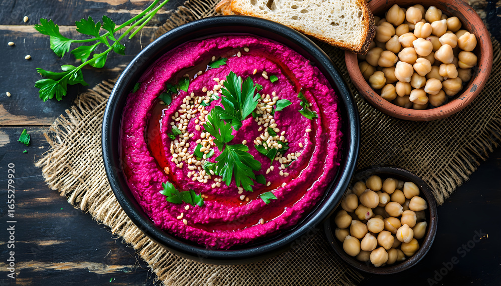 Roasted Beet Hummus with toast in a ceramic bowl on a wooden background. Top view Roasted Beet Hummus with toast in a ceramic bowl on a wooden background. Top view