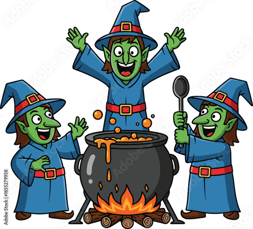 Cartoon wizards around cauldron, green-skinned magic characters, bubbling potion, blue robes and hats, fantasy illustration, Halloween vector design