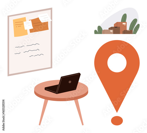Laptop on desk, bulletin board with notes, delivery box stack, large orange map pin. Ideal for remote work, logistics, planning, delivery, location services task organization simple flat metaphor