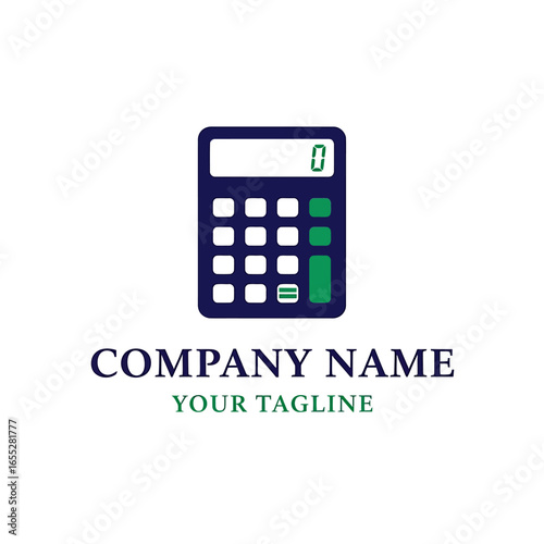 Dark blue calculator logo with a green equal sign, simple and modern design.