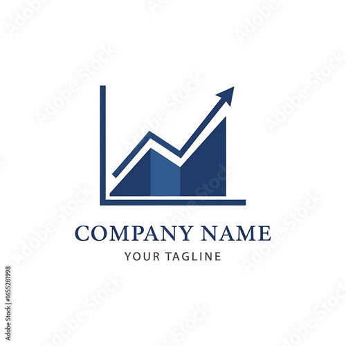 Free Download A stylized blue bar graph with an upward trending arrow indicating growth and progress, accompanied by placeholder text for a company name and tagline. - GFXLoad