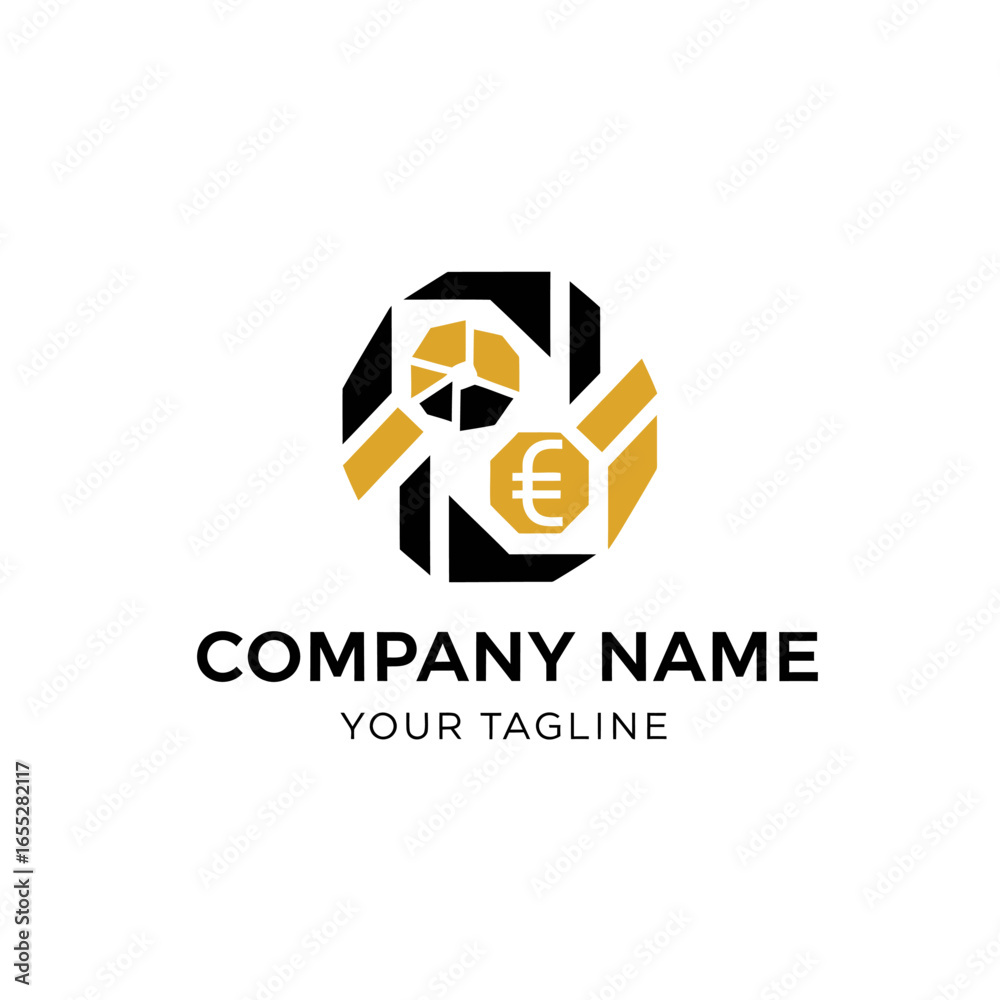 Fototapeta premium A geometric logo concept for a finance company, featuring a gold Euro coin and an analytics chart within a black, shutter-like frame.
