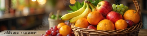 A vibrant bunch of ripe fruits, including bananas, oranges, and grapes, overflowing from a wicker basket Perfect for healthy eating, market, and grocery themes , oranges, fresh