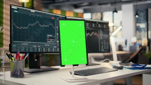Wallpaper Mural Close up of green screen tablet in brokerage company workplace used for day trading. Stock market portfolio shares on PC display next to chroma key device in proprietary firm office Torontodigital.ca
