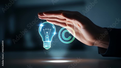 Hand Protecting Digital Lightbulb And Copyright Symbol With Blue Glow