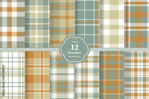 Greyish Teal, White, Dull Orange and Beige seamless pattern set of 12
