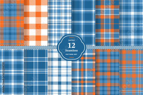 Cool Blue, White, Peacock Blue and Orange seamless pattern set of 12