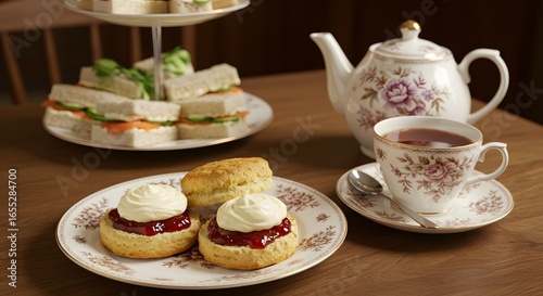 "Serviço elegante de chá inglês com scones, geleia e sanduíches finos em porcelana"