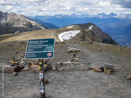Whistler Summit sign at the mountain top, Jasper NP, Canada