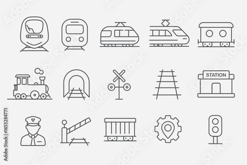 Linear icon set about rail transport: trains, tracks, station, tunnel, conductor, wagons and signals. Minimalist black stroke style, perfect for logistics, mobility, and public transportation projects