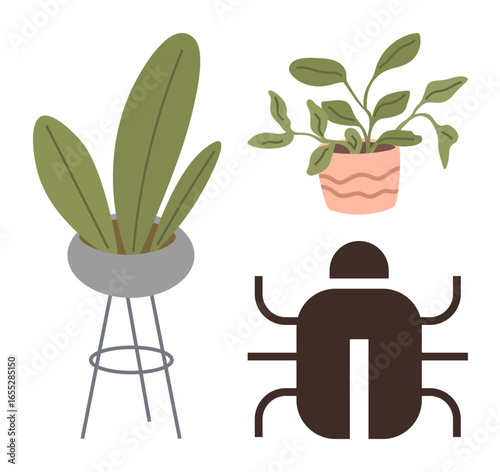 Two potted plants with green leaves in modern planters next to a stylized abstract beetle shape. Ideal for nature, environment, decor, minimalism, eco-lifestyle, art, graphic design, simple flat