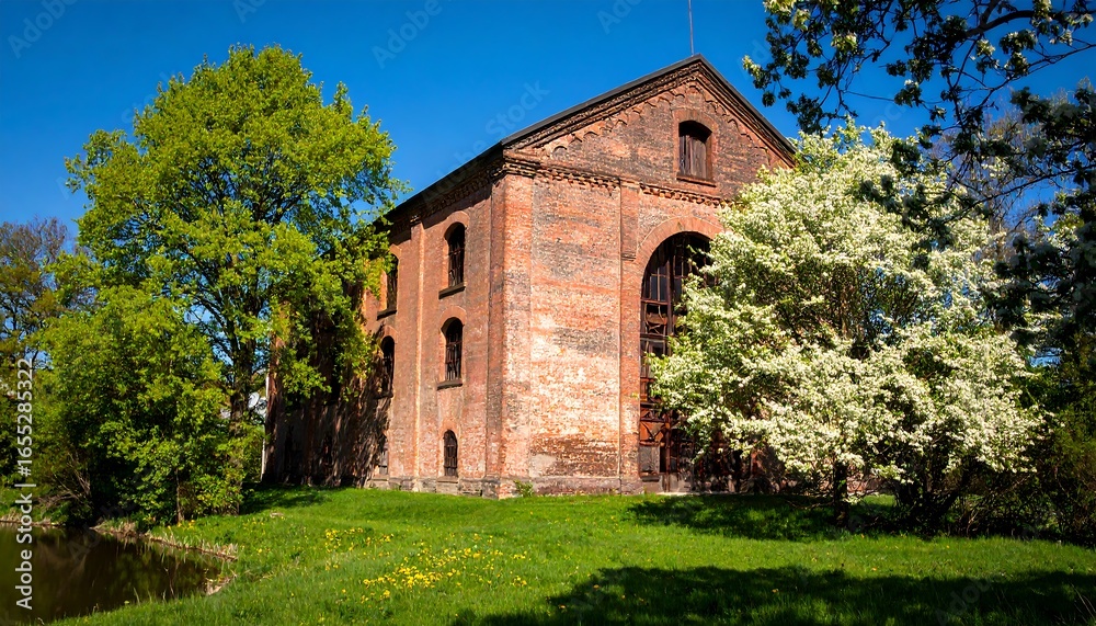 Fototapeta premium A brick building stands proudly beside a tranquil waterway, its facade adorned with many windows and detailed architecture, set against a vibrant spring day.