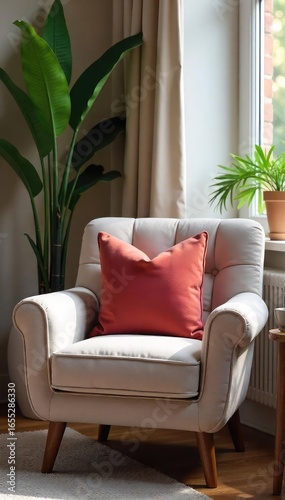Cozy living room features a plush, velvet cushion resting on a comfy armchair, adding a touch of elegance and comfort to the home interior , comfortable, decorative pillow