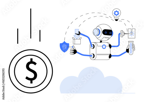 Robot executing multiple tasks thumbs up testing, analyzing, and research with dollar sign and cloud imagery. Ideal for technology, innovation, business, automation, finance, data science future