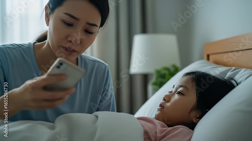 Worried Mother Calls From Bedroom Beside Sick Child Wearing Pink Shirt Resting On White Pillow