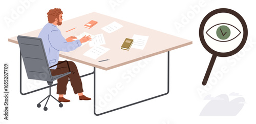 Man seated at desk examining papers surrounded by books and notes, with magnifying glass emphasizing focus. Ideal for research, analysis, strategy, detail, focus, learning organization. Simple flat