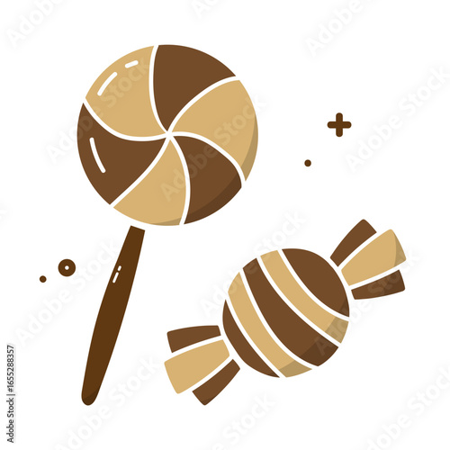 Sweet Pair: A whimsical illustration featuring a swirled lollipop and a wrapped candy, inviting a moment of sugary delight. 