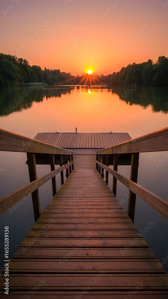 Fototapeta premium Serene Sunrise Over a Calm Lake with a Wooden Pier