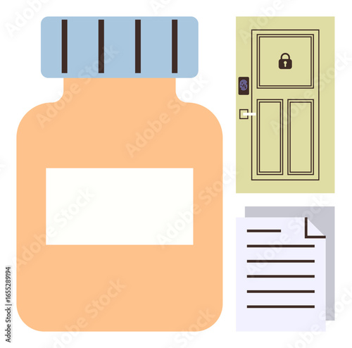 Medicine container with label, locked door, and document paper emphasizing healthcare, security, privacy, restricted access, regulations, compliance, and simple flat metaphor