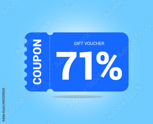 71% coupon promotion sale. Seventy one percent Vector Gift Voucher. Blue discount, lucky ticket, special offer promo. Web, shopping label, percent sign. Special price offers.