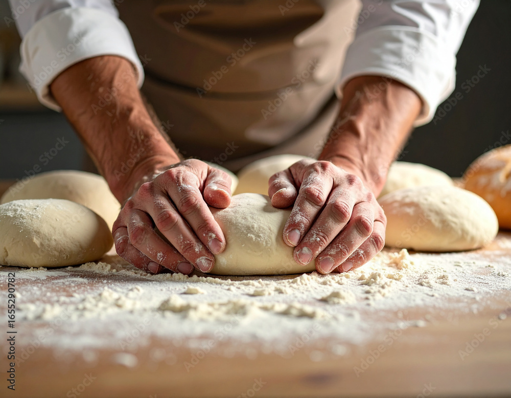 Fototapeta premium Skilled Hands Kneading Dough, Artisan Baker at Work