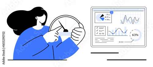 Person using speedometer dial to assess metrics next to screen displaying analytics charts. Ideal for management, data tracking, KPIs, business growth, performance monitoring, optimization, flat