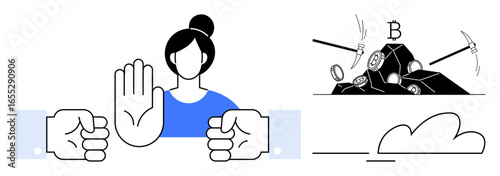 Woman raising hand in a stop gesture with fists on sides and cryptocurrency mining tools breaking coins. Ideal for blockchain, finance, digital ethics, cryptocurrency risks, regulation, protest