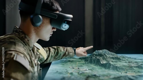 Military Personnel Uses Virtual Reality Technology to Analyze Terrain During Training Session in High-Tech Simulation Room. Generative AI