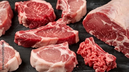 Various uncooked red meat cuts including steaks ribs and ground meat are arranged on a dark surface