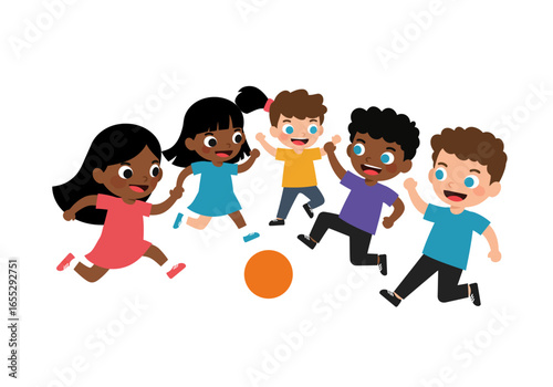 Diverse Group of Children Playing with a Ball Running and Smiling.