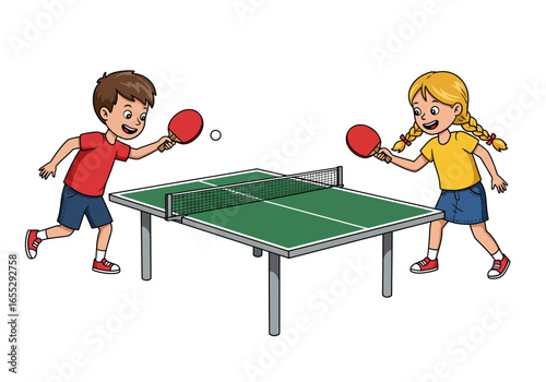 Cartoon Children Playing Table Tennis Game Illustration.